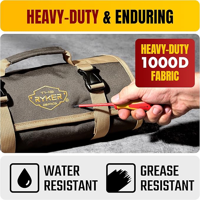The Ryker Wrench Roll Up Bag Heavy-Duty Canvas Tool Organizer w/Clear PVC Wrench Cover, Heavy Duty Roll Up Tool Bag w/Multiple Pockets for Wrenches, Sockets, and Tools for Mechanics Gifts for Him