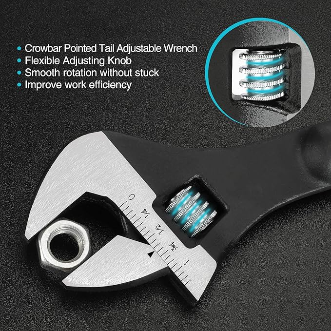 DURATECH 8-Inch Adjustable Construction Spud Wrench, Black Oxide Finish, CR-V Steel, SAE and Metric Scale Marked, Alignment Holes and Tail Crowbar Features