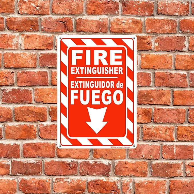 Brimar - 7 x 10" - Bilingual Fire Extinguisher Sign - Polyethylene Plastic - Bold Text And Symbol - Easy Installation