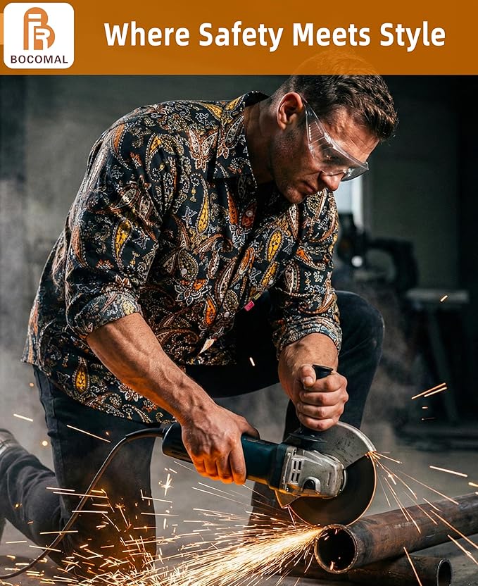 BOCOMAL FR Shirts for Men Printed Plaid Flame Resistant Clothing 6.5oz Cotton Button Up Welding Shirts NFPA2112 CAT2