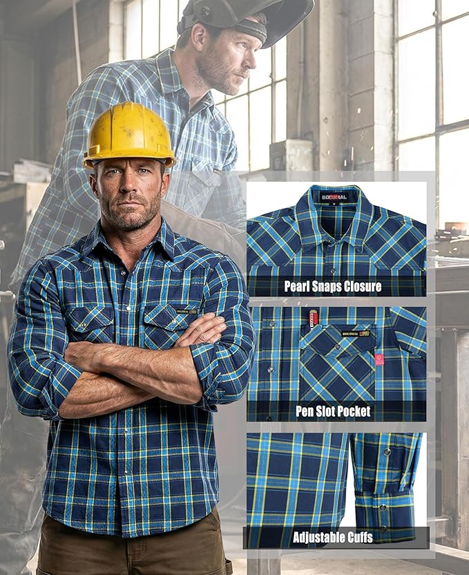 BOCOMAL FR Shirts Flame Resistant 100% C NFPA2112 7.5oz Men's Fire Retardant Welding Shirt
