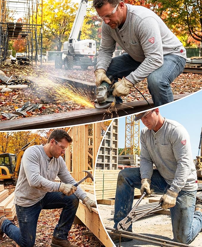 TICOMELA FR Shirts for Men Flame Resistant Shirt NFPA2112/CAT2 7oz Fire Retardant Men's Long Sleeve Henley Shirts