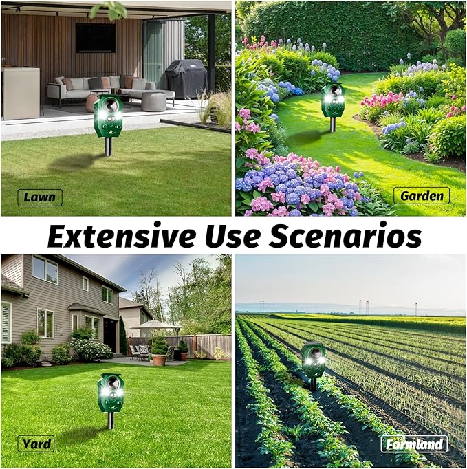 Solar-Powered Ultrasonic Animal Repellent with Motion Sensor, Perfect for Outdoor Yards, Deer Repellent Device with LED Flashing Lights, Effective to Repel Deer, Coyotes, Raccoons, and Cats