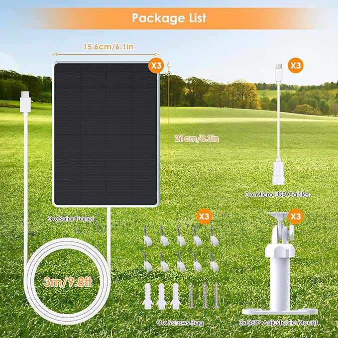 Solar Panel for Security Camera,6W Solar Panels with Micro USB&USB-C Port for DC 5V Outdoor Camera,Solar Charger for Rechargeable Battery Camera,IP65 Waterproof,360° Adjustable Mount,9.8ft Cable (3PC)