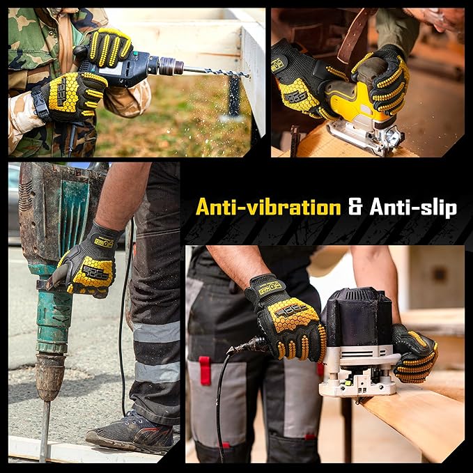 COOLJOB A6 Cut Resistant Anti Vibration Work Gloves Men, TPR Impact Reduce Mittens, Palm Rubber Patch Shock Absorption, M-2XL