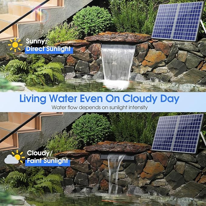 POPOSOAP Solar Pond Waterfall Spillway Kit, 55W Folding Solar Panel & Pond Pump Included, DIY Water Feature for Garden, Balcony, Indoor Aquarium & Small Ponds-P5552