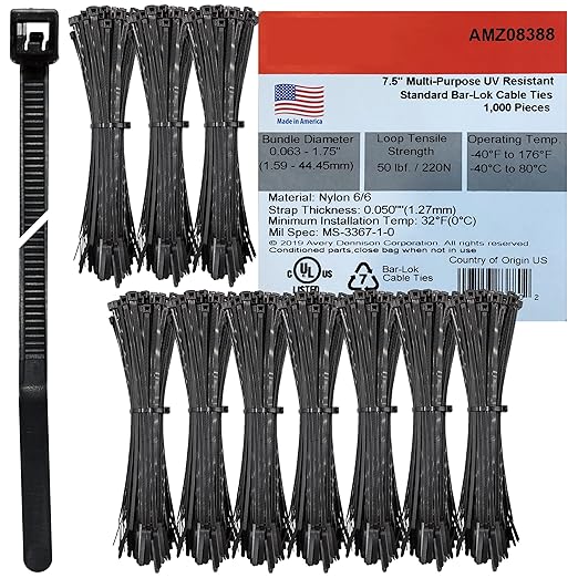 Bar Lok 7.5” Zip Ties – 1000 Pieces, Black – Made in America – Weather, UV & Impact Resistant Plastic Cable Ties for Binding Bundling & Organizing Wire Cable & More – Indoor & Outdoor (7.5", 1000ct)