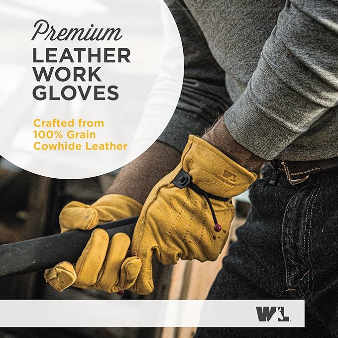 Wells Lamont Leather Work Gloves for Men – Heavy Duty, Cowhide, Abrasion & Puncture Resistant – Adjustable Wrist, Gunn Cut Design, Ideal for Ranching, Farming, Construction - Saddletan - L