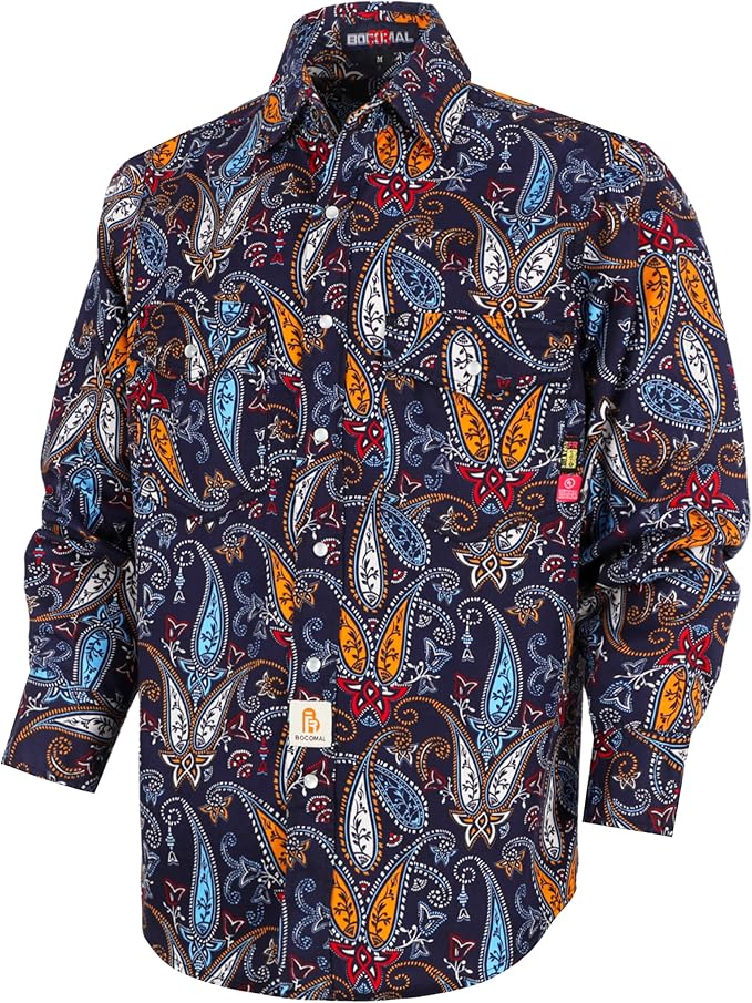 BOCOMAL FR Shirts for Men Printed Plaid Flame Resistant Clothing 6.5oz Cotton Button Up Welding Shirts NFPA2112 CAT2
