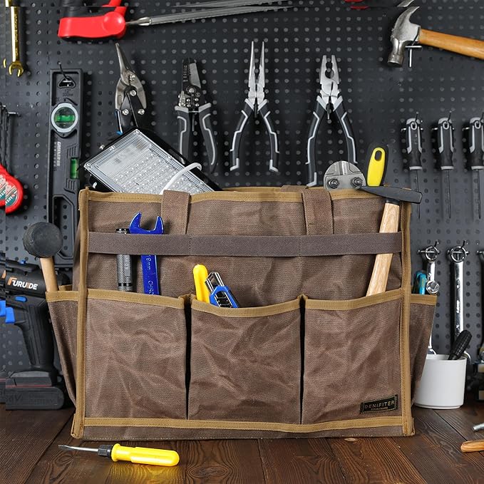 Canvas Large Tool Bag - A Large Main Pocket and 14 Insert Pockets Garden Tool Tote Bag - Durable 16oz Waxed Canvas Tool Case with Handle - Tool not Included