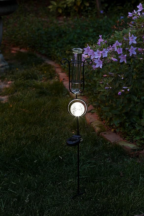 Evergreen Garden Metal and Glass Rain Gauge with Solar Powered Light - 6" W x 5.5" D x 33.5" H