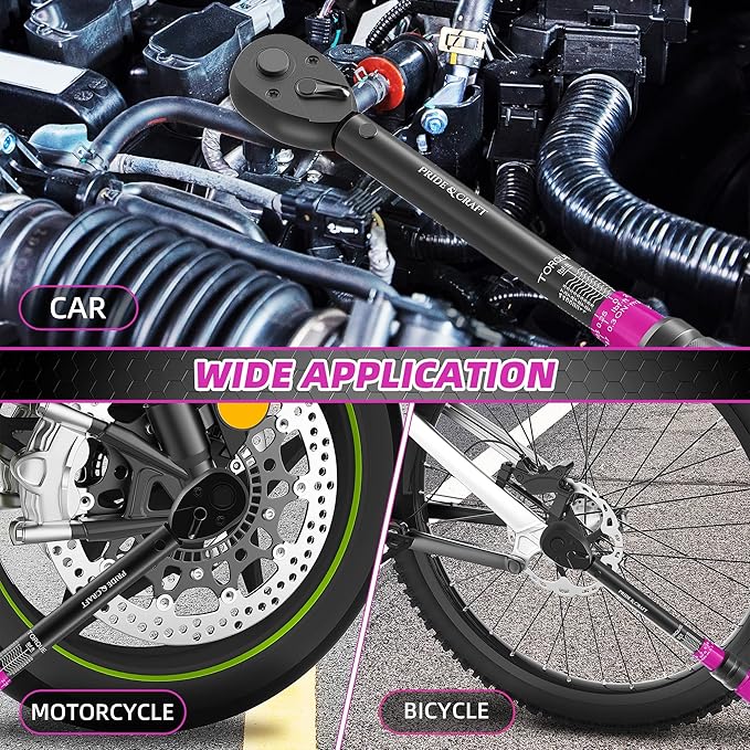 PRIDE&CRAFT 3/8 Inch Drive Click Torque Wrench, 3% High Precision Adjustable Dual Direction, 72-Tooth, 5-50 lbf.ft/6.8-68 Nm Torque Wrench for Bike, Motorcycle and Car Repair, Pink Black