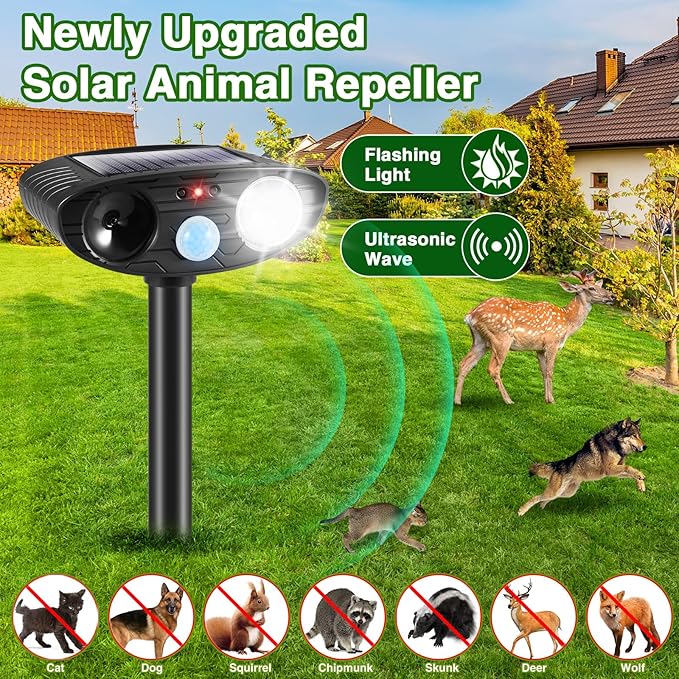 2Pack Solar Ultrasonic Animal Repellent Outdoor Cat,Deer Repellent Devices Squirrel Raccoon Rabbit Deterrent,Waterproof Motion Detection with Flash Light for Vegetable Garden,Backyard,Lawn