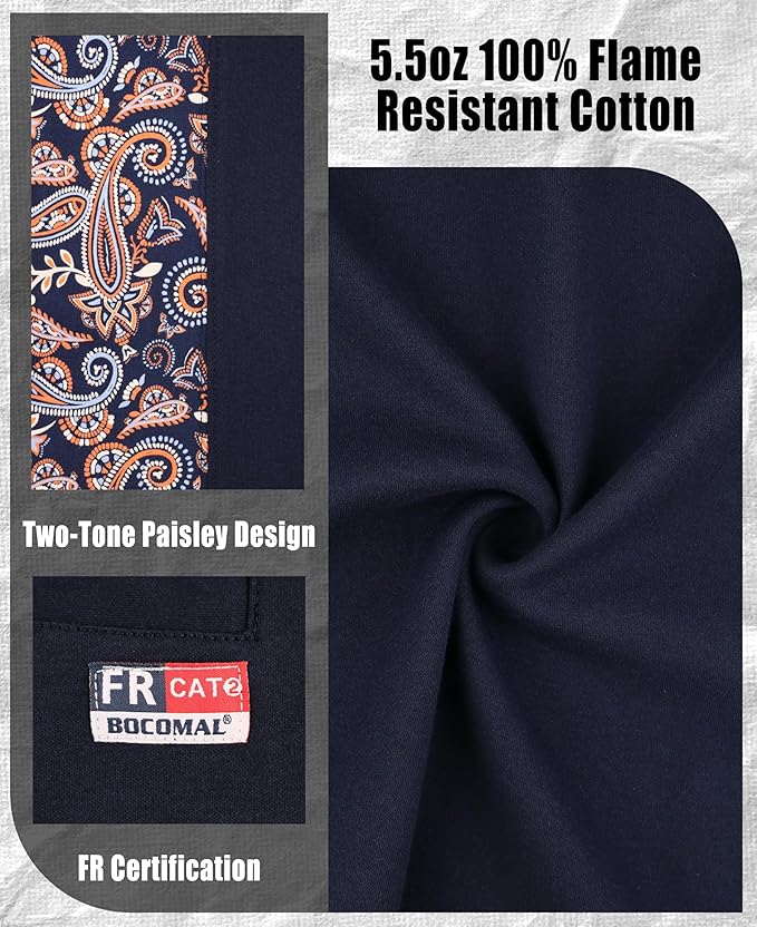 BOCOMAL FR Shirts Crewneck 5.5oz Lightweight Cotton Paisley Camo Two-Tone Flame Resistant Long Sleeve CAT2 Work Shirt