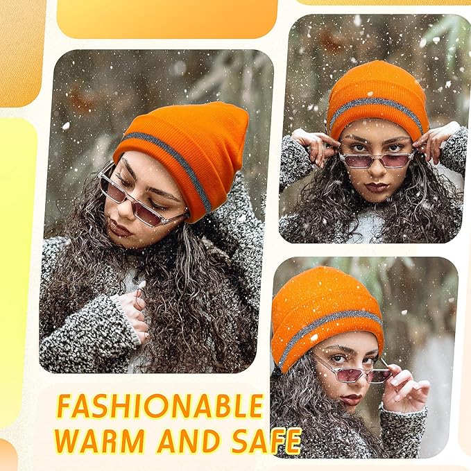 Reflective Knit Hat Safety Beanies Adult High Visibility Beanie Neon Winter Knit Caps with Reflective Stripe