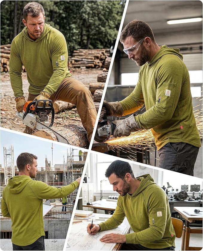 BOCOMAL FR Hooded T Shirts Heather Series 6oz Flame Resistant NFPA2112 CAT2 Fire Retardant Hoodies Work Shirt