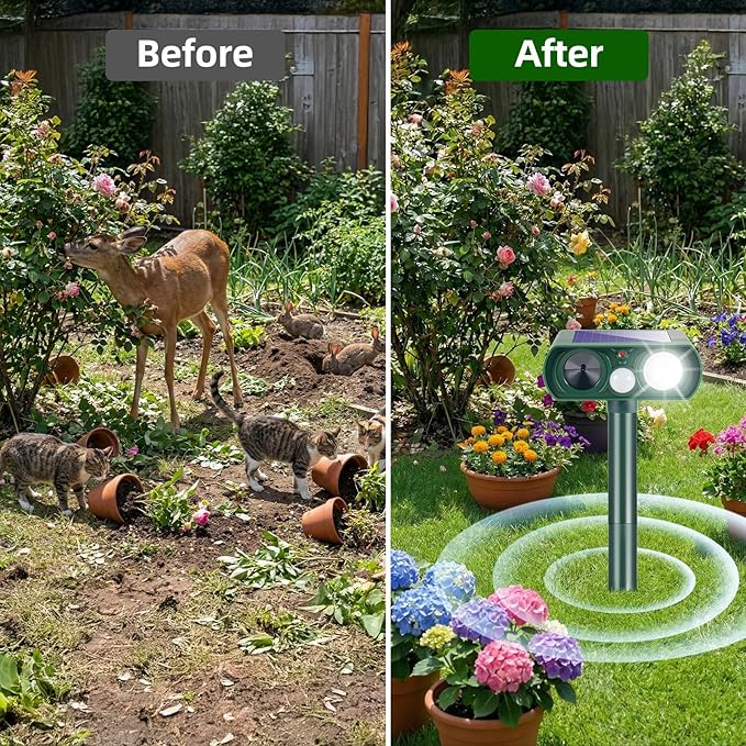 4Pack Solar Ultrasonic Animal Repellent,Cat Repellent Outdoor with Motion Detection Waterproof,Deer Repellent Devices Squirrel Skunk Rabbit Raccoon Bird Deterrents Animal Repeller for Yard Garden