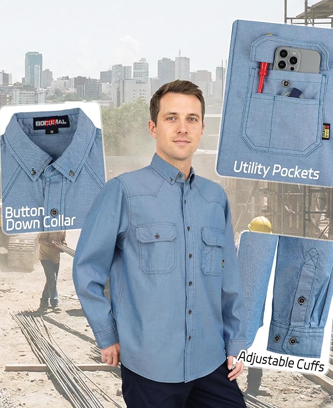 BOCOMAL FR Shirts Button Down Dura-Light 6.5 oz Soft Heather Series Utility Chest Pockets Flame Resistant Work Shirt CAT2
