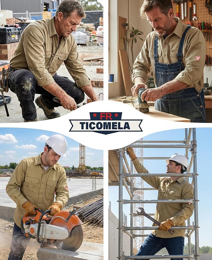 TICOMELA Men’s Mid-Weight FR Welding Shirt, 7.5oz 100% Cotton NFPA 2112 CAT2 – Flame-Resistant Button-Down Work Shirt
