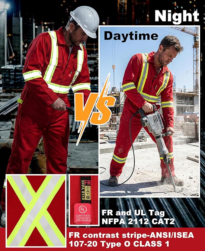 BOCOMAL FR Coveralls Men High Visibility 7.5oz Cotton Twill Flame Resistant Fire Retardant Work Coverall NFPA2112 HRC2