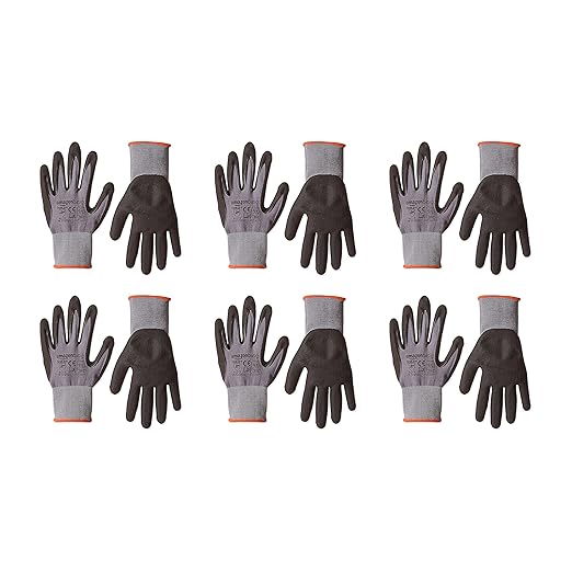Amazon Basics Micro-Foam Nitrile Coated Safety Work Gloves, Nylon Liner Fiber, Touch Screen Compatible, Grey, Size 9, Large, 6-Pack