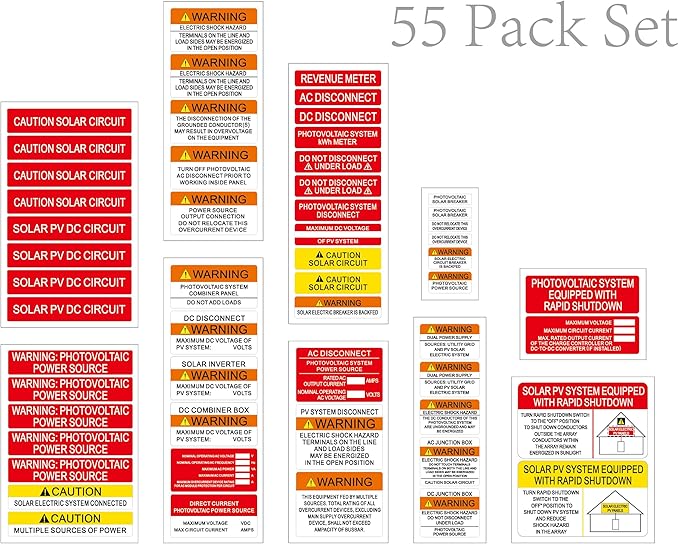 55 Pack Premium Solar PV System Labels -Serial 2 - UV Resistant Solar PV Stickers Photovoltaic System Warning Durable UV Ink-Printed PV Label for Electrical Panel Installer Kits
