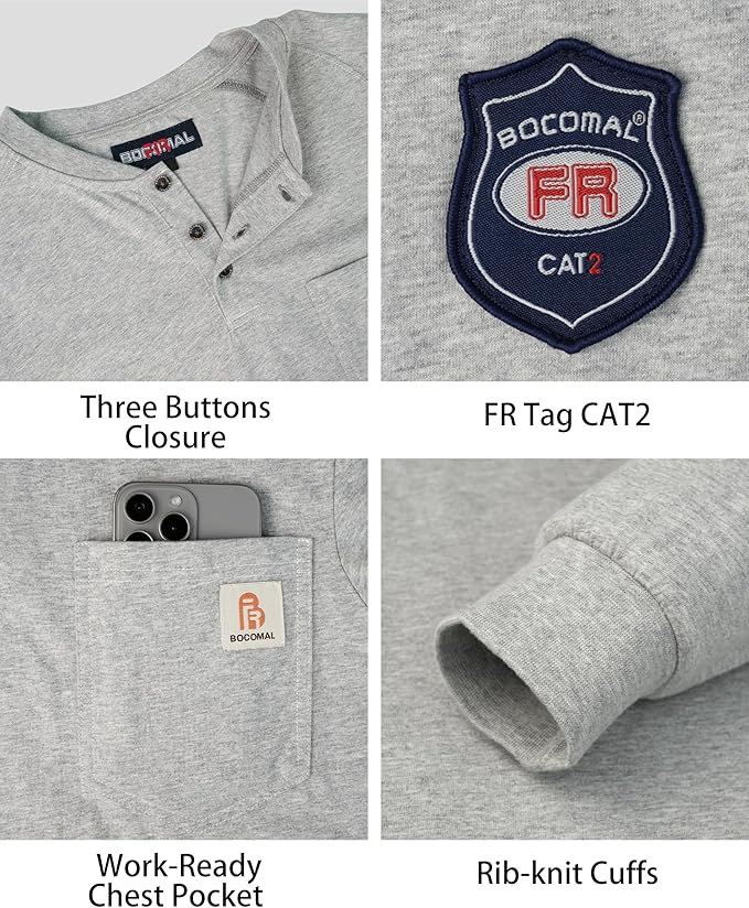 BOCOMAL Men's FR Henley Shirt Flame Resistant 5.5oz Cotton Long Sleeve Workwear UL NFPA2112 CAT2 Welding Tee