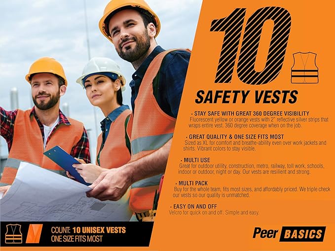 PeerBasics Safety Vests Bulk Pack - Reflective High Visibility, Men Women, Mesh (as1, numeric, numeric_10, regular, regular, Orange)