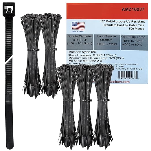 Bar Lok 15” Zip Ties – 500 Pieces, Black – Made in America – Weather, UV & Impact Resistant Plastic Cable Ties for Binding Bundling & Organizing Wire Cable & More – Indoor & Outdoor (15", 500ct)