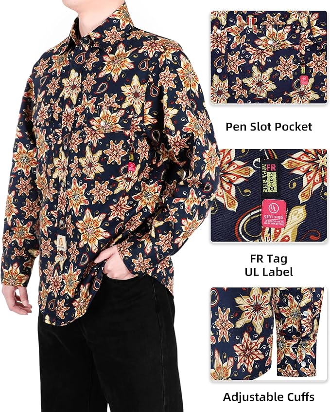 BOCOMAL FR Shirts for Men Printed Plaid Flame Resistant NFPA2112/CAT2 6.5oz Lightweight Fire Retardant Shirt