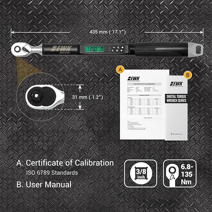 EWK 3/8" Drive Digital Angle Torque Wrench 5-100 ft-lbs (6.8-135 Nm), with LED Display & Audible Buzzer, for Small Car Repairs