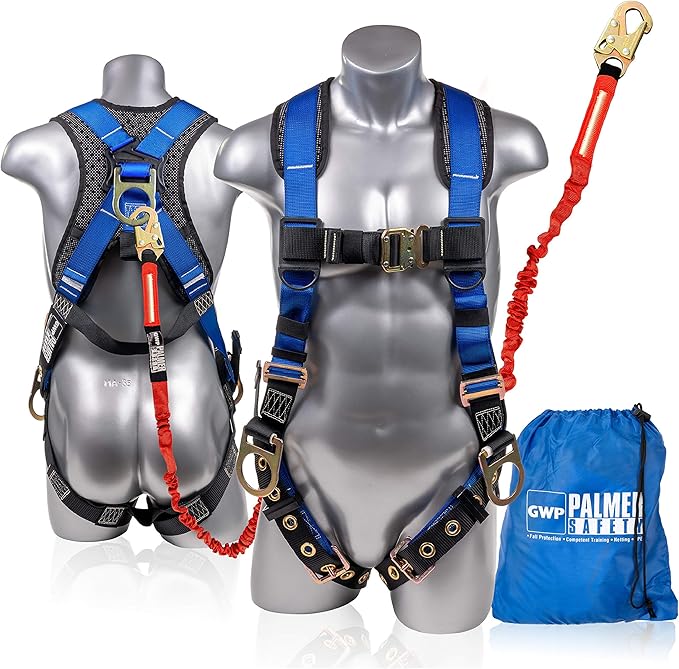 Full Body Harness w/Detachable 6' Internal Shock Absorbing Lanyard I OSHA Compliant Arrest Kit Bundle I Ideal for Construction & Scaffolding Use (Harness + Single Leg Lanyard w/Steel Hook)