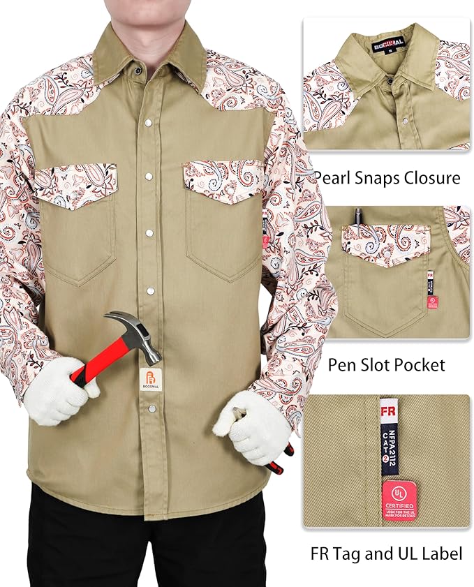 BOCOMAL FR Shirts Pearl Snaps Two Tone Plaid/Solid Flame Resistant Cotton Welding Shirt NFPA 2112 CAT 2