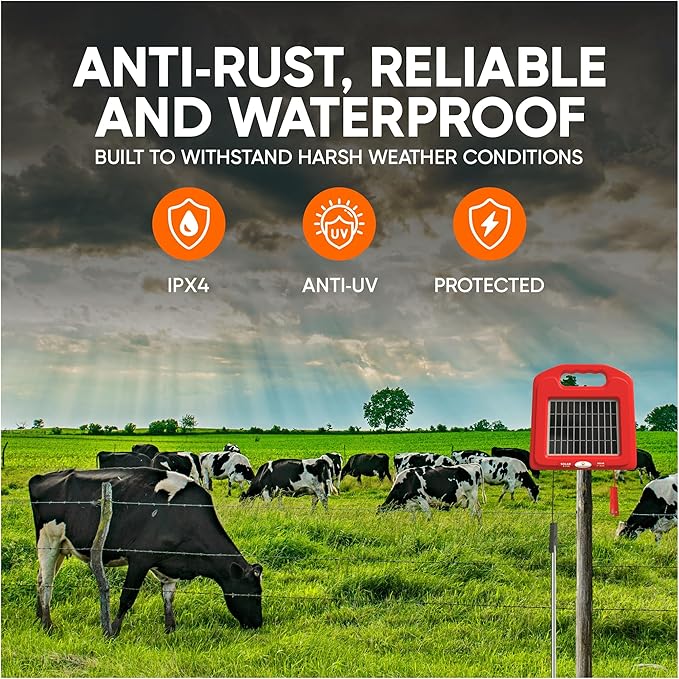 Solar Electric Fence Charger 5 Mile - Solar Powered Energizer for Livestock - Low Impedance Solar Fencer Battery Powered