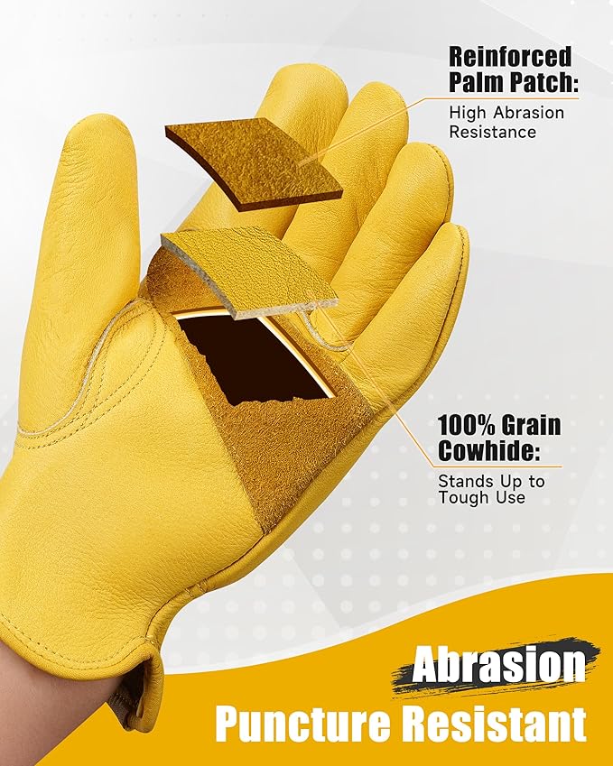 DULFINE Cowhide Leather Work Gloves for Men & Women, Reinforced Durable Gardening Gloves, Puncture & Cut Resistant