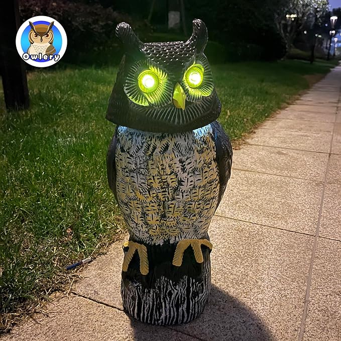 Solar Owl Guard with Motion Detector, Flashing Eyes, Spinning Head, Realistic Hooting and Silent Mode, Garden Owl, Outdoor Statue, Decoration for Home, Garden, Patio and Fence