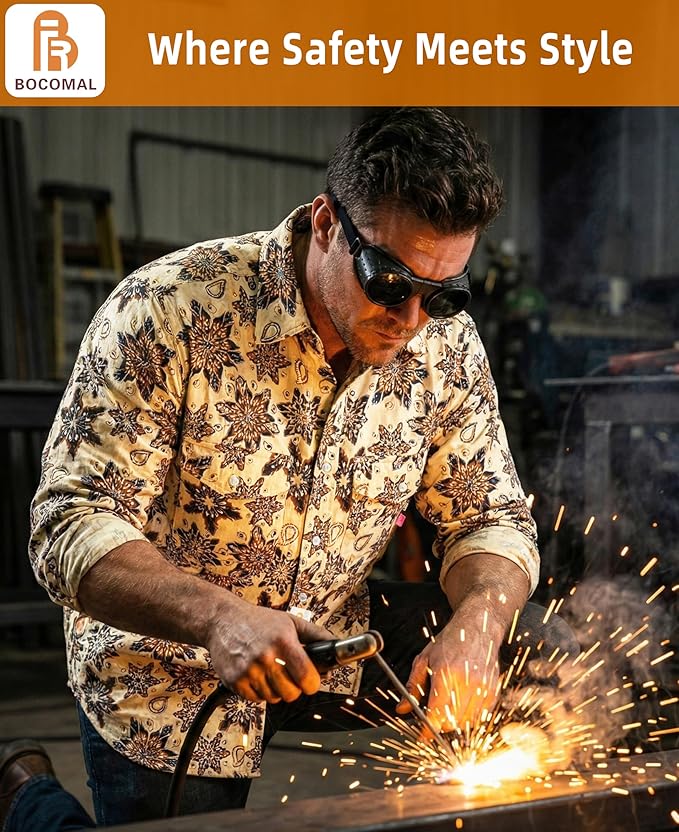 BOCOMAL FR Shirts for Men Printed Plaid Flame Resistant NFPA2112/CAT2 6.5oz Lightweight Fire Retardant Shirt