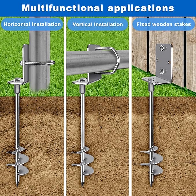18" Heavy Duty Screw in Ground Anchors Kit, 3" Spiral Windproof Earth Anchors for Trampoline, Shed, Swing Set & Mobile Home, Fully Welded Steel with Nut Driver Drill Bit (Set of 4)