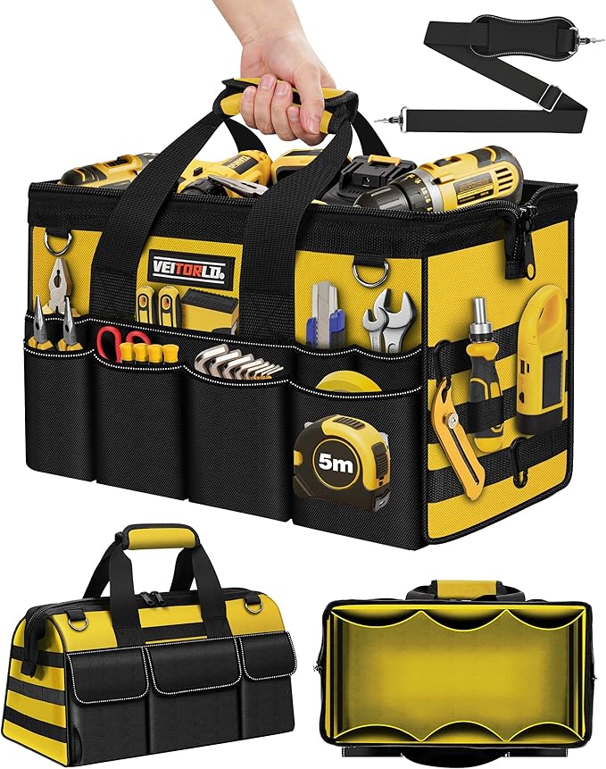 16-Inch Heavy Duty Tool Bag, 19-Pockets Tool Box Organizer, Portable Toolbag W/Soft Handle for Organized Storage, Mechanic Gifts for Men Dad Husband Fathers Day, Wide Mouth Electrician Toolbox, Yellow