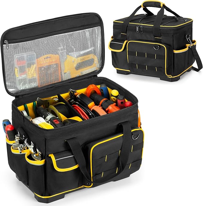16-inch Tool Bag with Hard Bottom and a Detachable Divider, Heavy Duty Tool Tote with Multiple Pockets, Black
