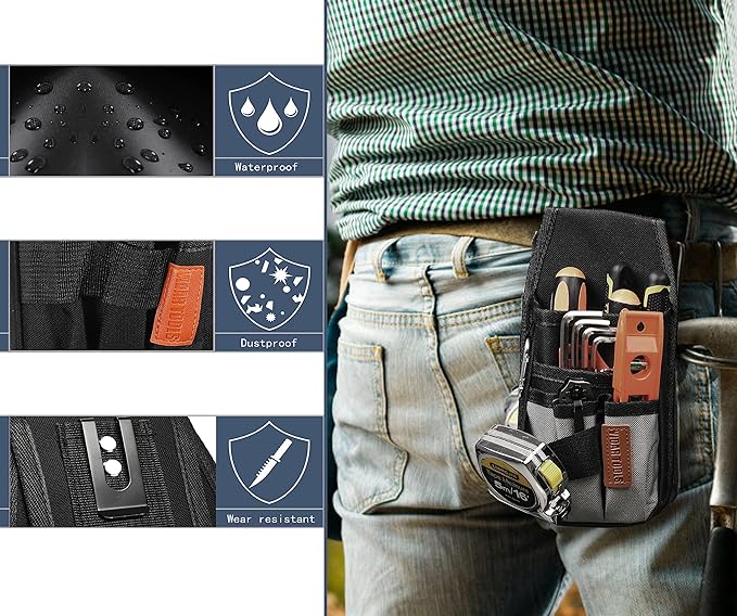 Small Tool Pouch with Belt Clip,Tool Belt Pouches,Electrician Tool Pouch.Mini Organizer Pocket Attachment for Tool Belt,5 Pockets and Heavy-Duty Metal Belt Clip Attachment.…