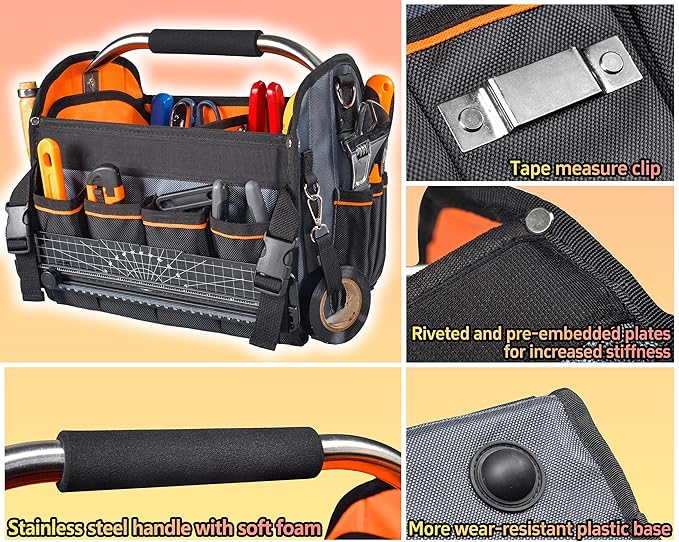 12 Inch Electrician Tool Tote Bag, 1680D Ballistic Polyester 34 Pockets Open Top Foldable Tool Bags with detachable divider, Tool Tote with Stainless Steel Handle & Padded Shoulder Strap