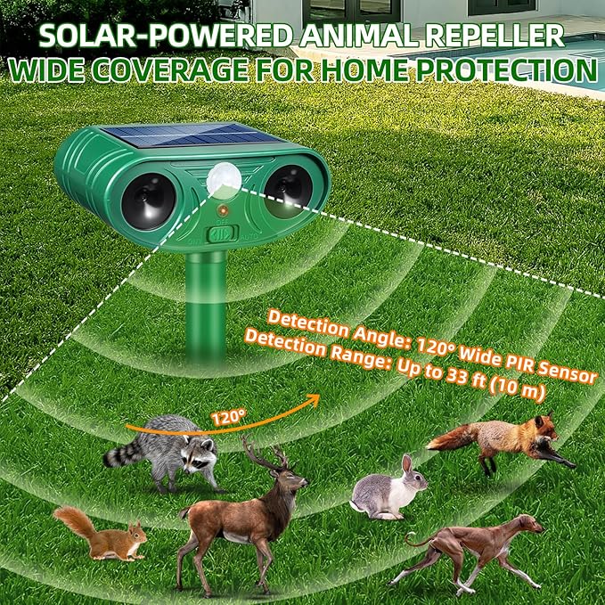 2026 Solar Animal Repellent Outdoor&Cat Repellent Outdoor with Motion Deer Repellent Devices Ultrasonic Cat Deterrent Fox Raccoon Squirrel Rabbit Coyote Deterrent for Farm Orchard Garden 2 Pack