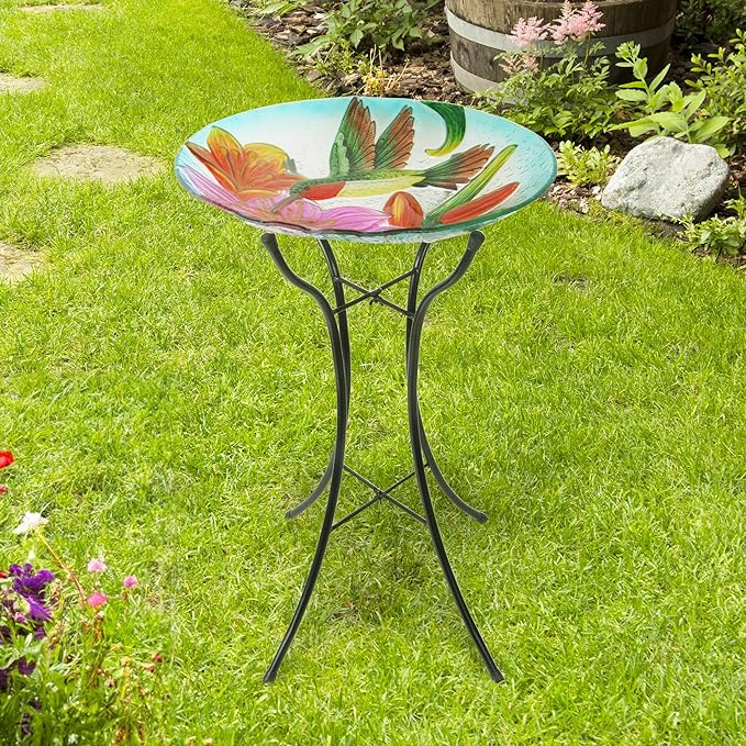 Teamson Home Handpainted Hummingbird Fusion Glass Birdbath Bowl Feeder with Metal Stand for Outdoor Patio Garden Backyard Decking, 21 Inch Height, Purple/Light Blue