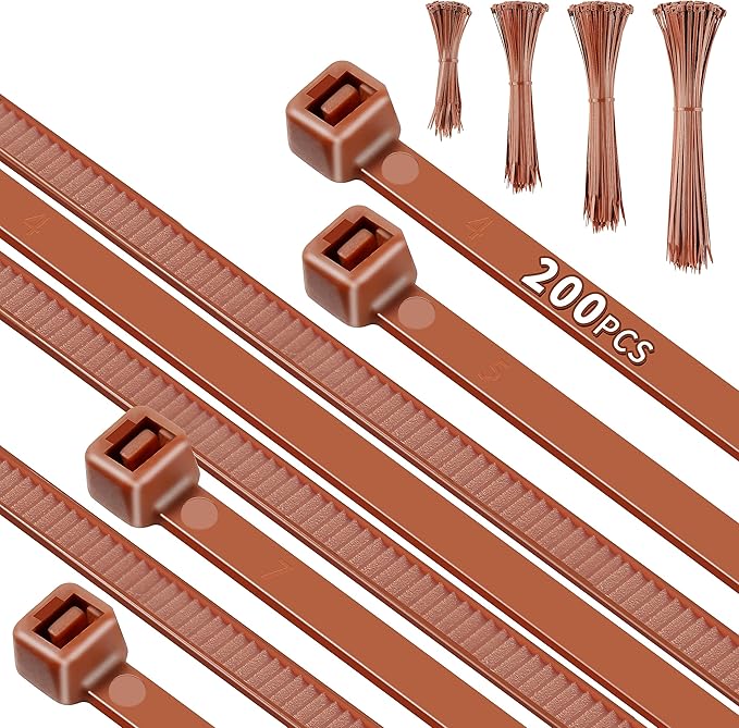 200pcs Brown Zip Ties, 12+10+8+4 Inch Heavy Duty Cable Ties with 55-22lb Strength, PA66 Self-Locking Nylon Wire Ties for Christmas Farming Fence Garden Trellis, UV Resistant