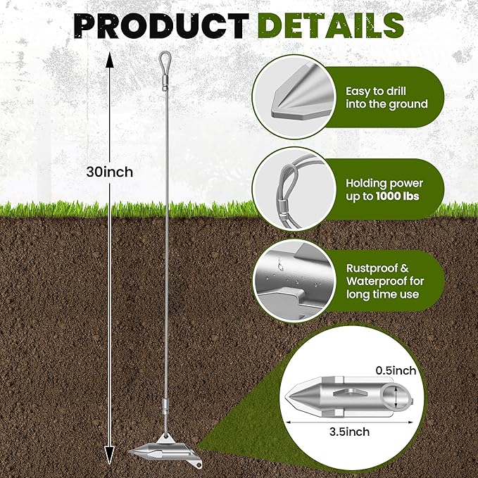 6 Pack Ground Anchors for Sheds,Heavy Duty Earth Anchors for Trapping,Arrow Shed Anchor Kit with 30" Cable for Fixing Fence,Greenhouse,Carports,Gazebo,Tent,Swing Set,Playset