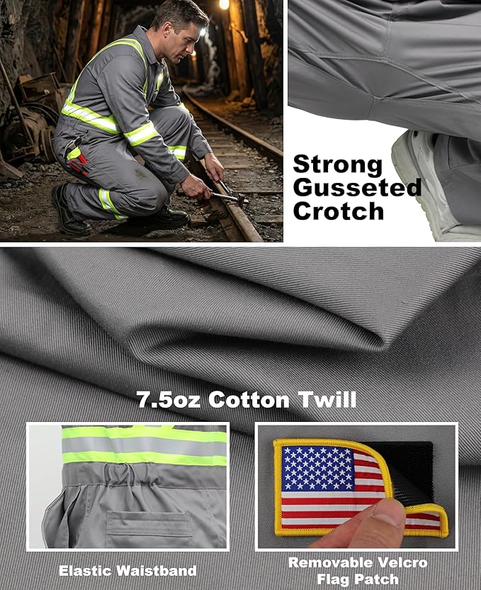 BOCOMAL FR Coveralls Men High Visibility 7.5oz Cotton Twill Flame Resistant Fire Retardant Work Coverall NFPA2112 HRC2