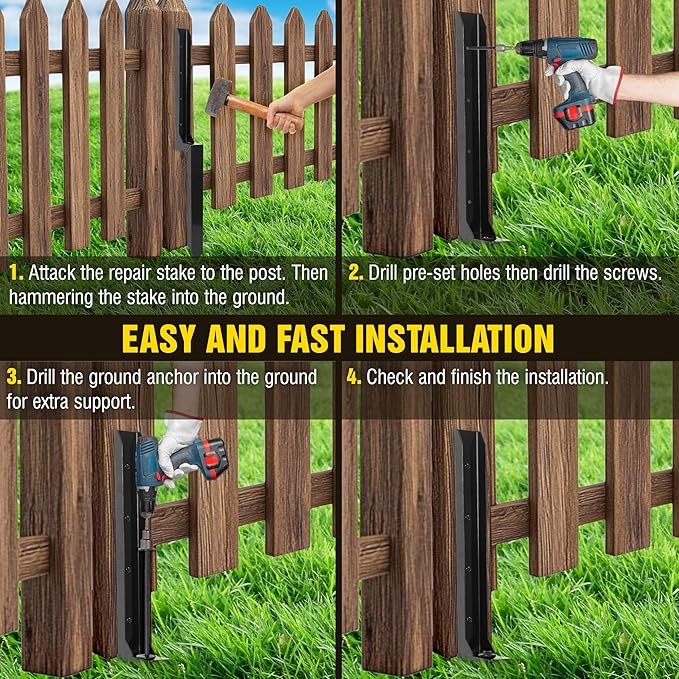 Heavy Duty Steel Fence Post Repair Stakes with Ground Anchor Screw in, Fix Anchors Ground Spike for Fence Posts, Repair Tilted/Broken Wood Posts (Black - 4 Pcs)