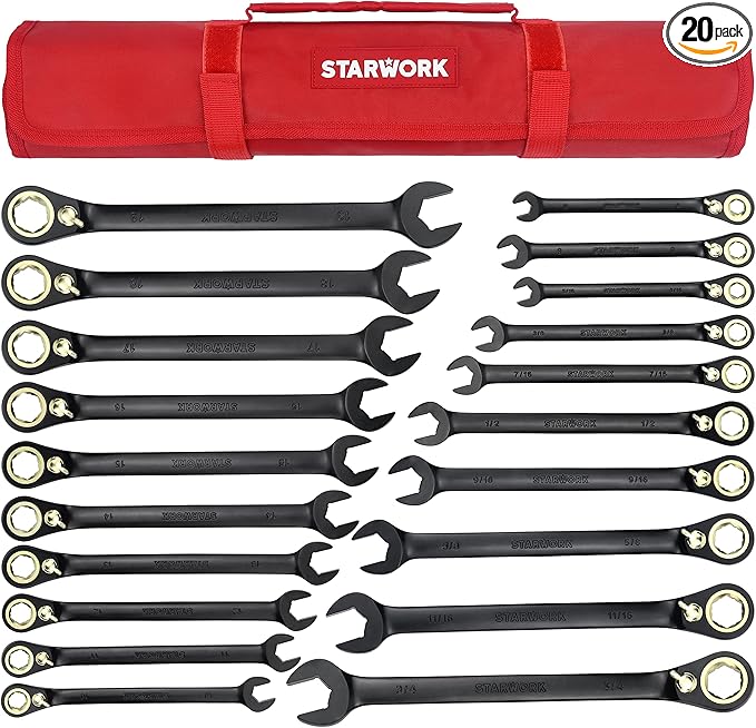 STARWORK TRUE MECHANIC™ 20 Pc. 120-Tooth Reversible Ratcheting Wrench Set, Combination Ratchet Wrench Set, Non-Slip, Long Pattern, 6-Point 15° Offset, Professional, SAE/Metric(5/16-3/4" & 8-19 mm)