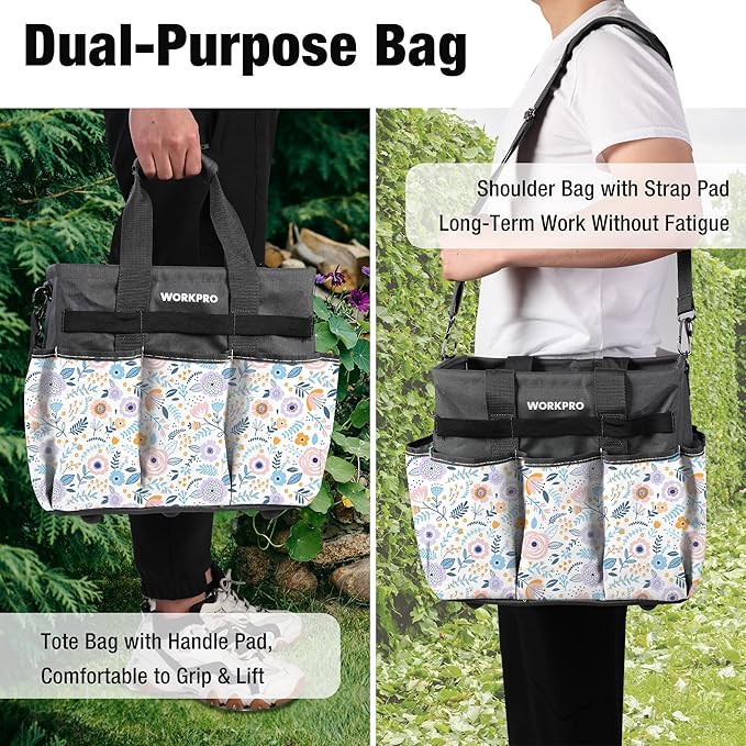 WORKPRO Garden Tool Bag, Heavy-Duty Gardening Tote Bag with 10 Pockets, Stand-Up Wide Mouth Tool Organizer, Adjustable Shoulder Strap, Large Capacity Storage – Floral White (Tools Not Included)